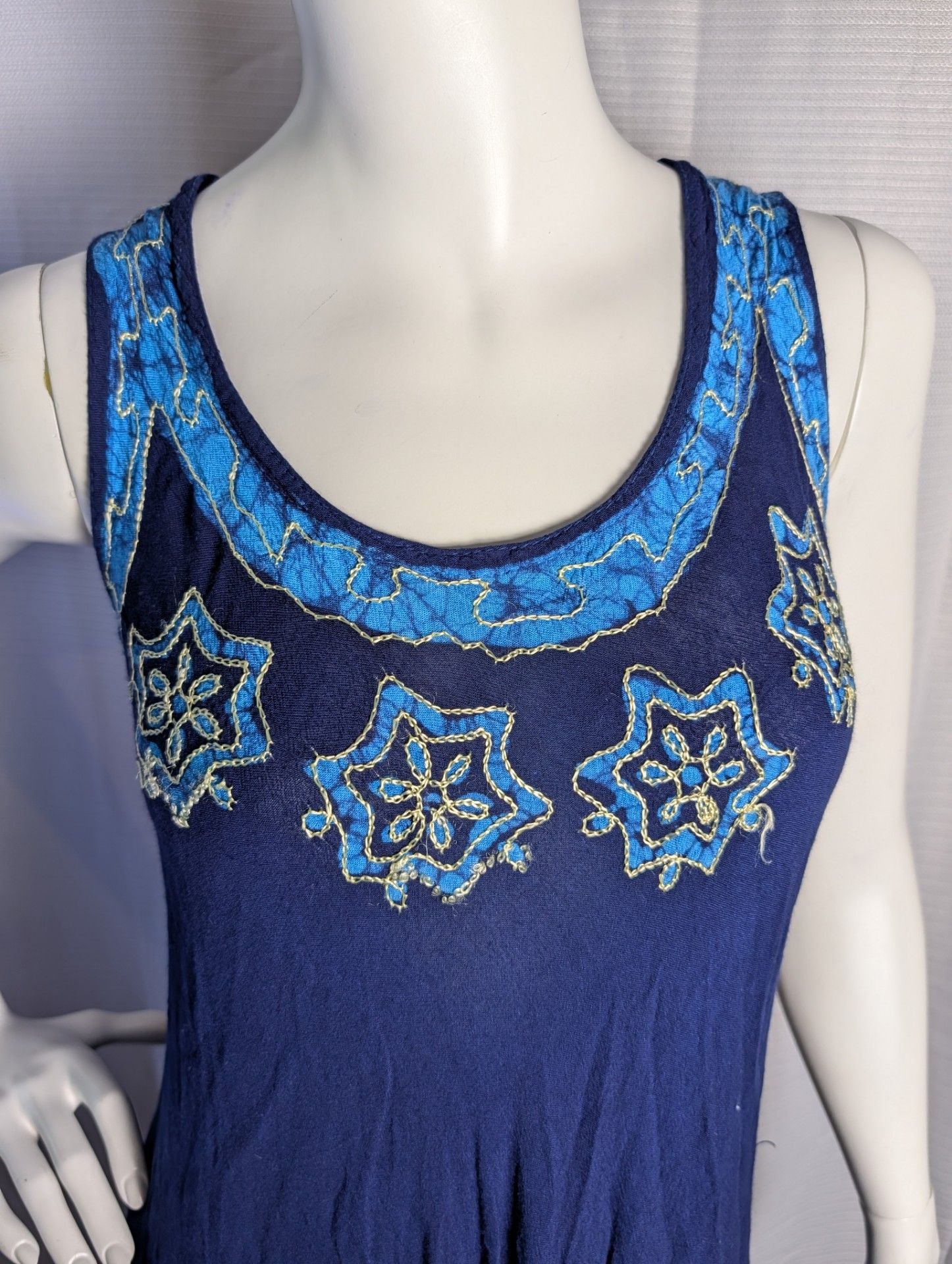 Blue Batik Embroidered Tank Dress with Asymmetrical Hem 3