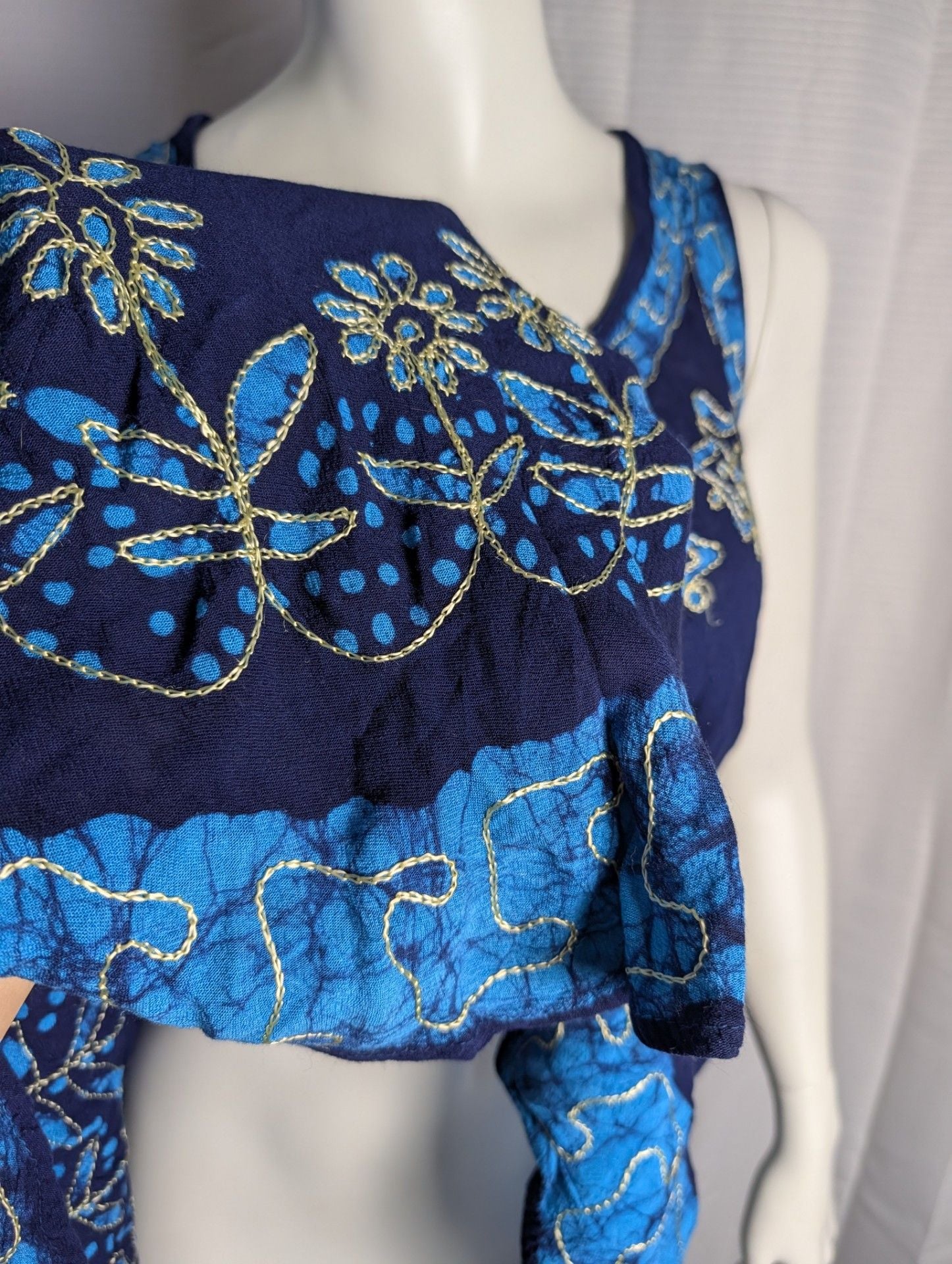 Blue Batik Embroidered Tank Dress with Asymmetrical Hem 5