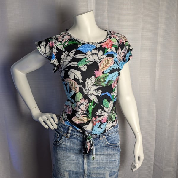 Hot Kiss Black Tropical Floral Print Ruffle Sleeve Tie-Front Top