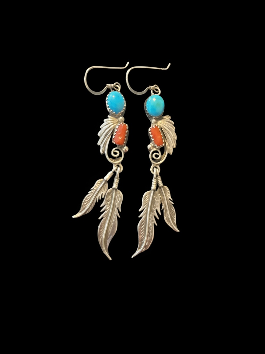 R. Tom Navajo Sterling Silver Turquoise and Coral Feather Dangle Earrings 2