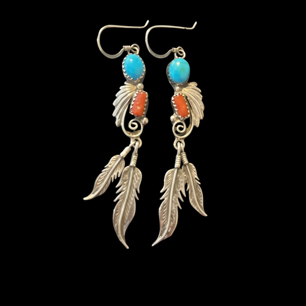 R. Tom Navajo Sterling Silver Turquoise and Coral Feather Dangle Earrings
