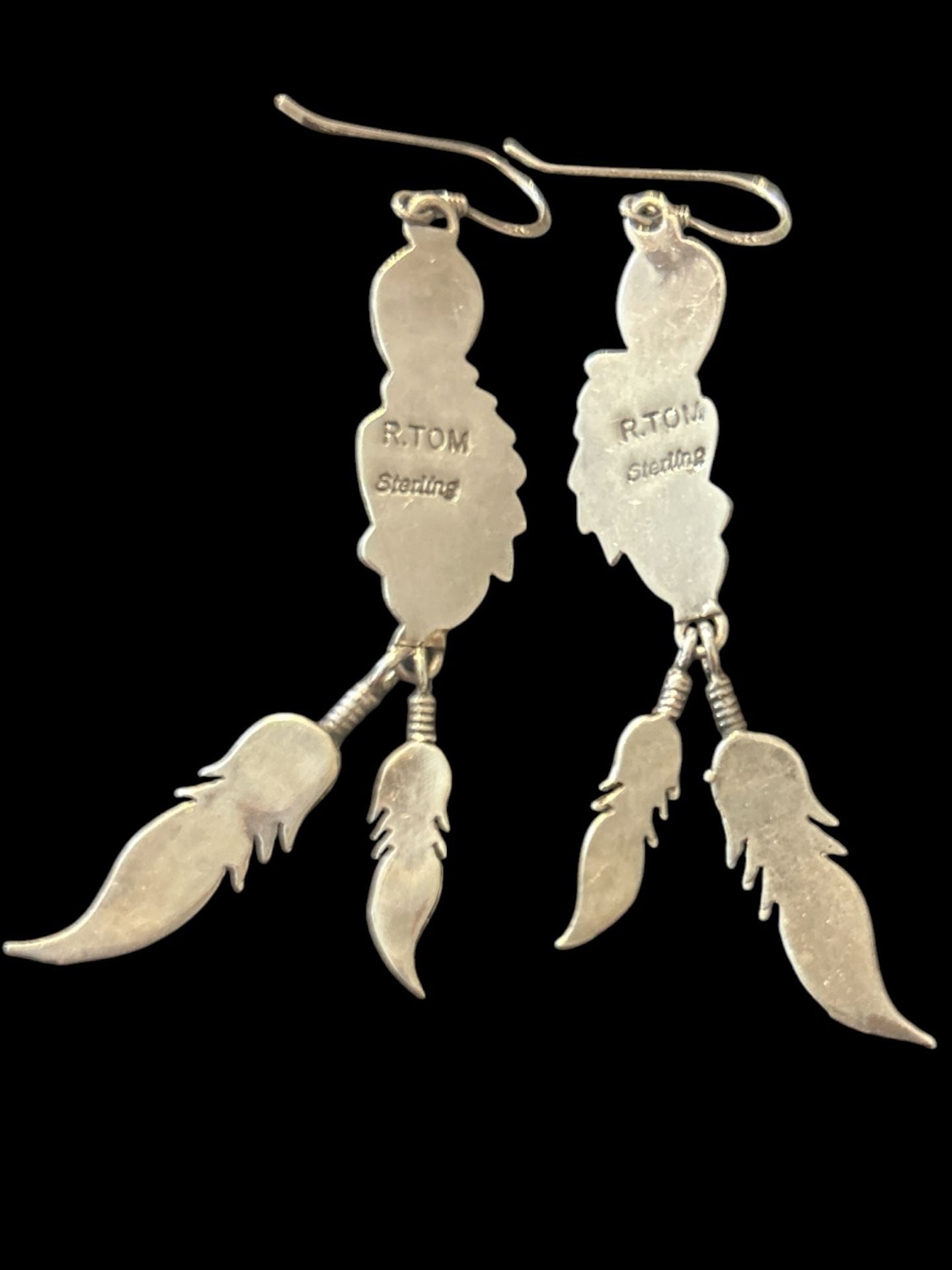 R. Tom Navajo Sterling Silver Turquoise and Coral Feather Dangle Earrings 3