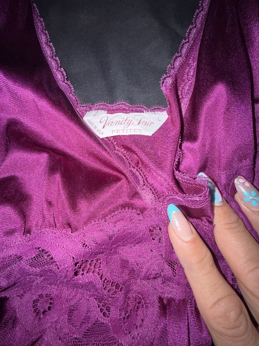 Vintage Vanity Fair Petites Purple Nylon Lace Trim Slip Nightgown Size L 2