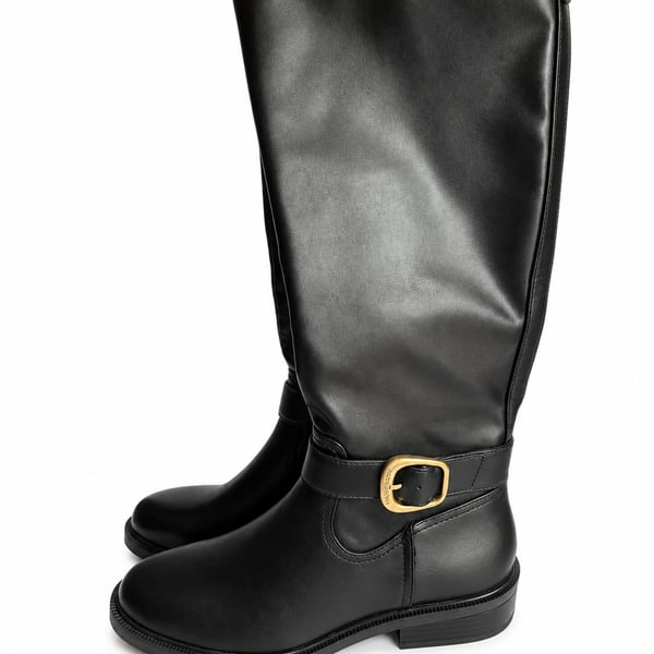 Vince Camuto Black Knee-High Riding Boots with Buckle Detail