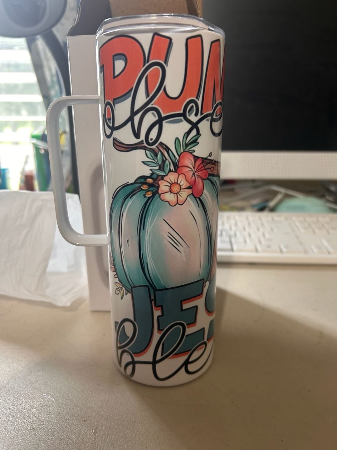 Pumpkin Obsessed & Jesus Blessed 20oz Skinny Tumbler with Handle 1