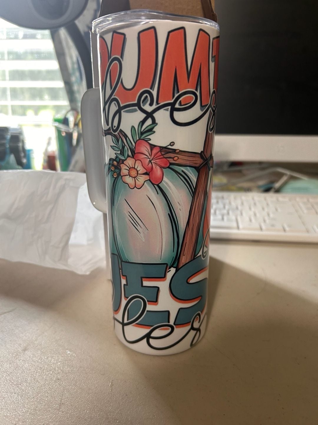 Pumpkin Obsessed & Jesus Blessed 20oz Skinny Tumbler with Handle 2