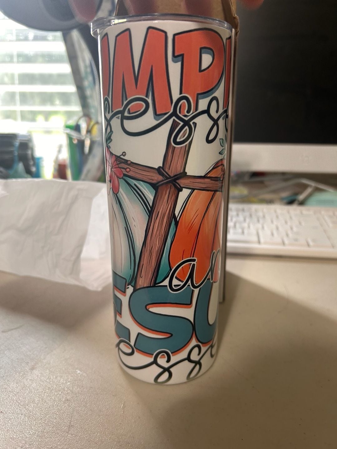 Pumpkin Obsessed & Jesus Blessed 20oz Skinny Tumbler with Handle 3