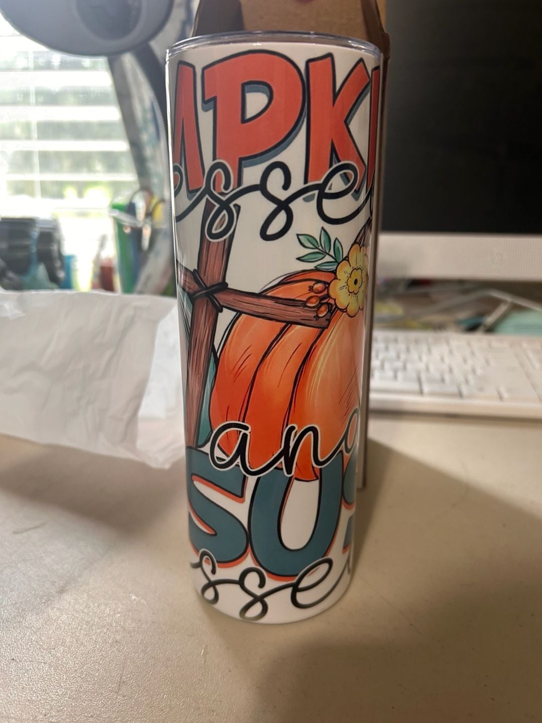 Pumpkin Obsessed & Jesus Blessed 20oz Skinny Tumbler with Handle 4