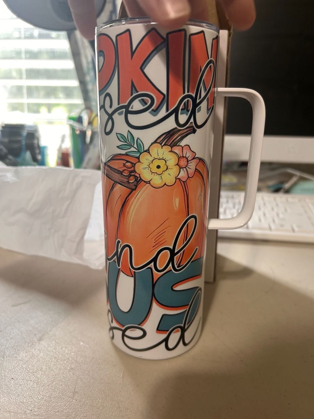 Pumpkin Obsessed & Jesus Blessed 20oz Skinny Tumbler with Handle 5