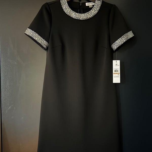 Calvin Klein Crystal Embellished Neck and Cuff A-Line Mini Dress - Size: 2 