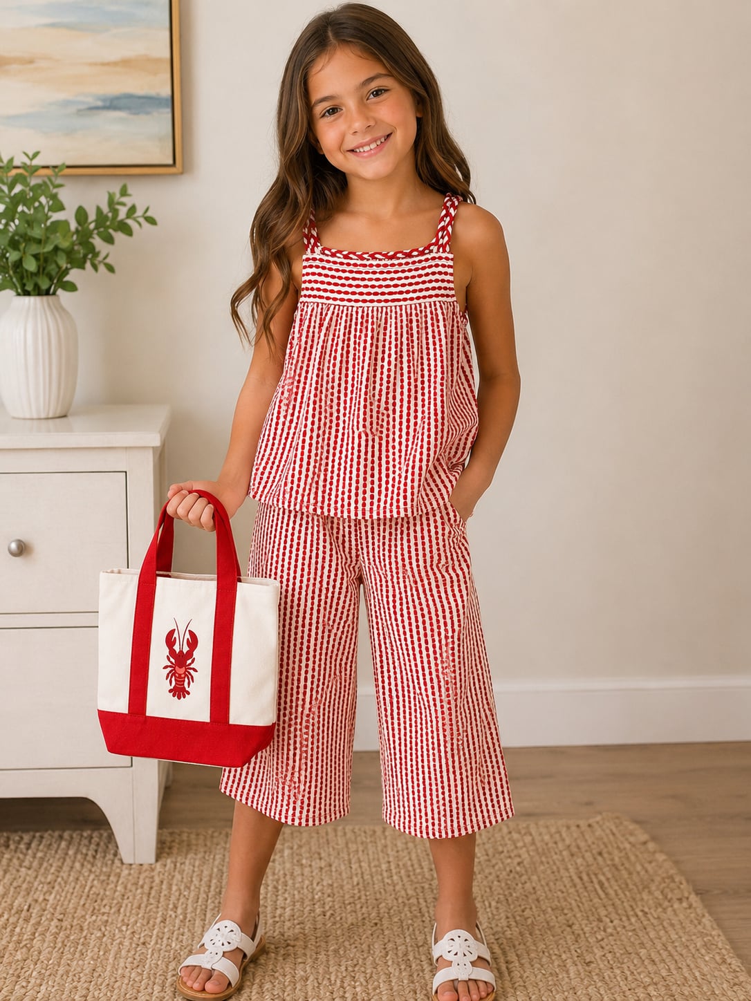 Sperry Girls 2-Piece Smocked Tank Top and Wide-Leg Pants Set with Lobster Tote Bag Girls Size 6 1