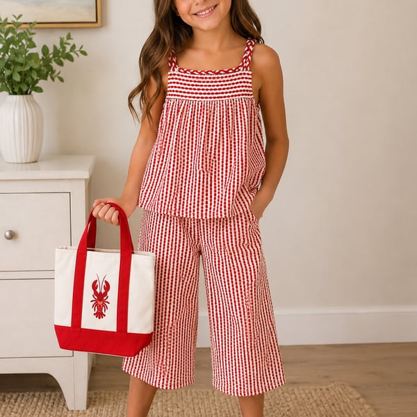 Sperry Girls 2-Piece Smocked Tank Top and Wide-Leg Pants Set with Lobster Tote Bag Girls Size 6