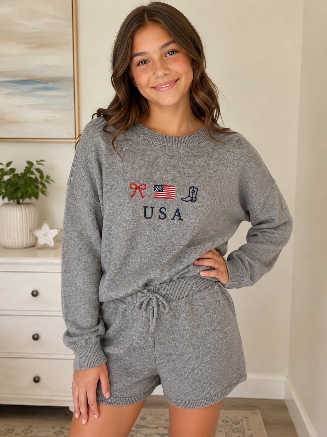 Harper & Ivy USA Graphic Embroidered Knit Two Piece Set Girls Size 14 1