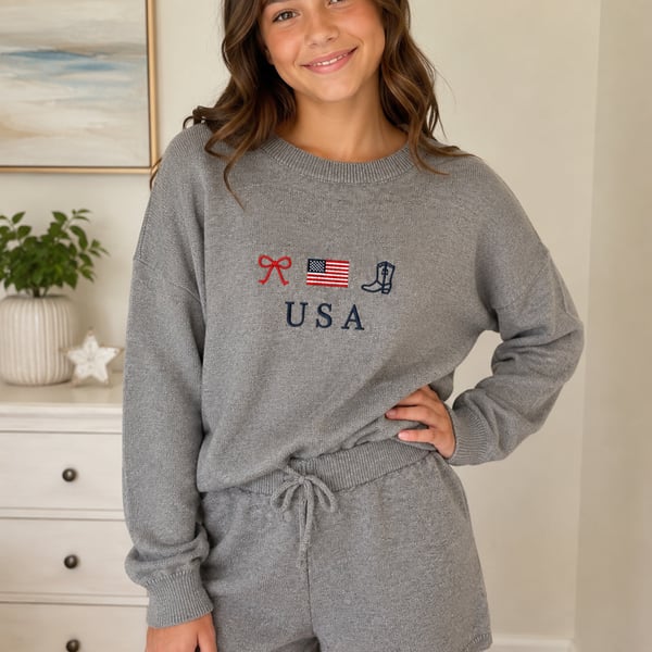 Harper & Ivy USA Graphic Embroidered Knit Two Piece Set Girls Size 14