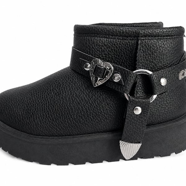 bebe Girls' Faux Leather Platform Ankle Boots with Heart Buckle and Faux Fur Lining