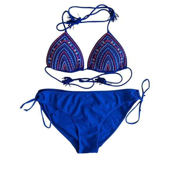 American Eagle Blue Embroidered Triangle String Bikini Set