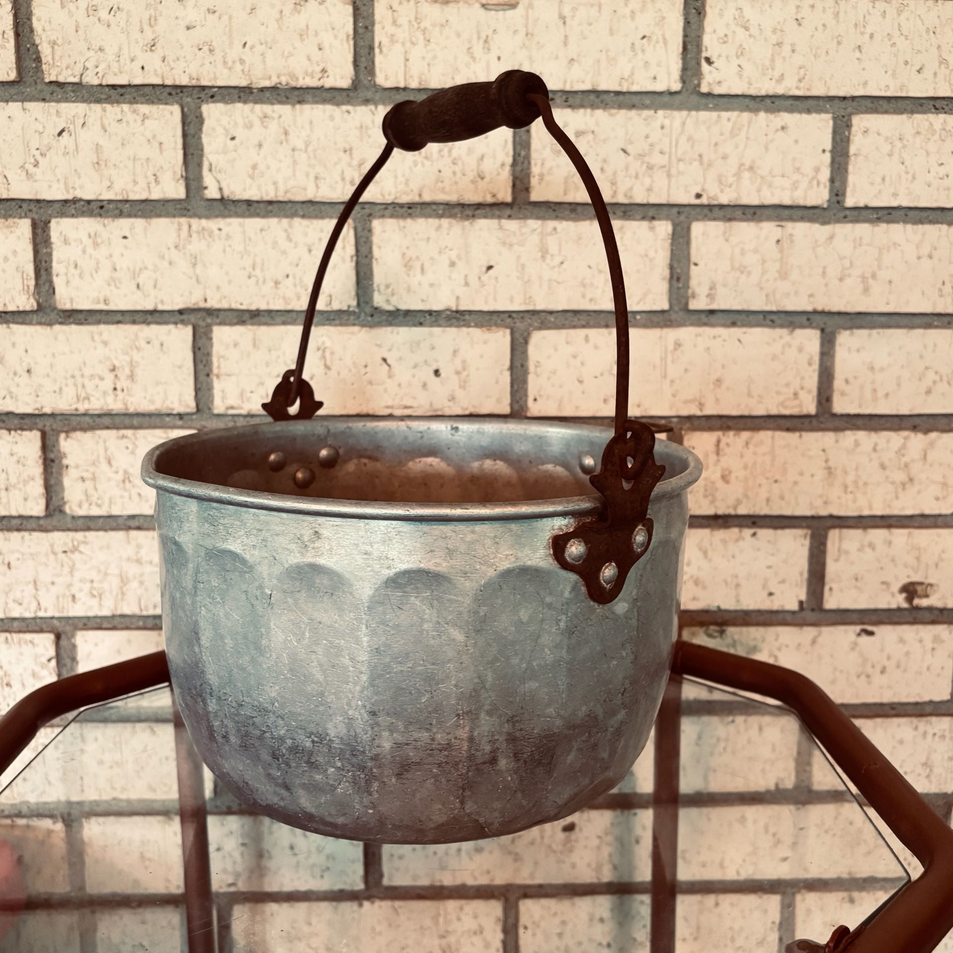 Vintage Rustic Hammered Aluminum bucket/ Pot with wooden Handle 1