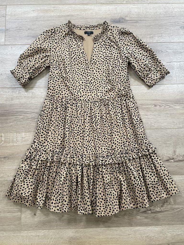 J.Crew XS Leopard Dot Tiered Popover Dress Ruffle Neck Cotton Lined Beige Midi 3