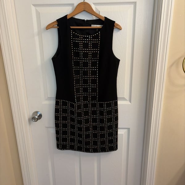 Trina Turk Black Sleeveless Sheath Dress with Gold Stud Embellishments