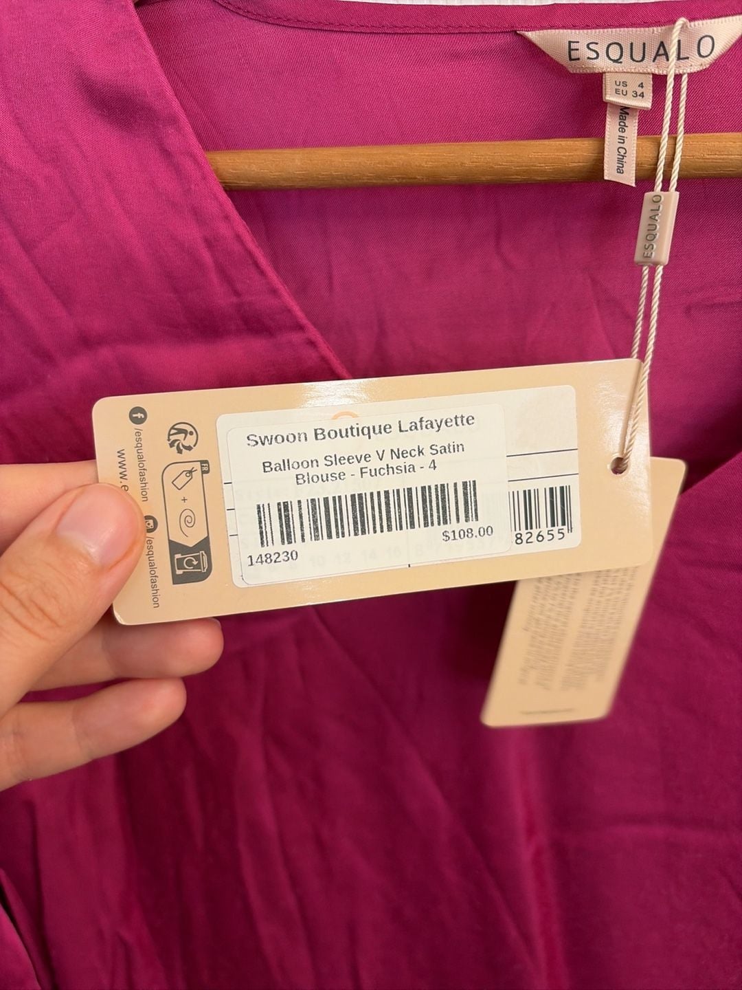Esqualo Lafayette Balloon Sleeve V-Neck Satin Blouse - Fuchsia 5