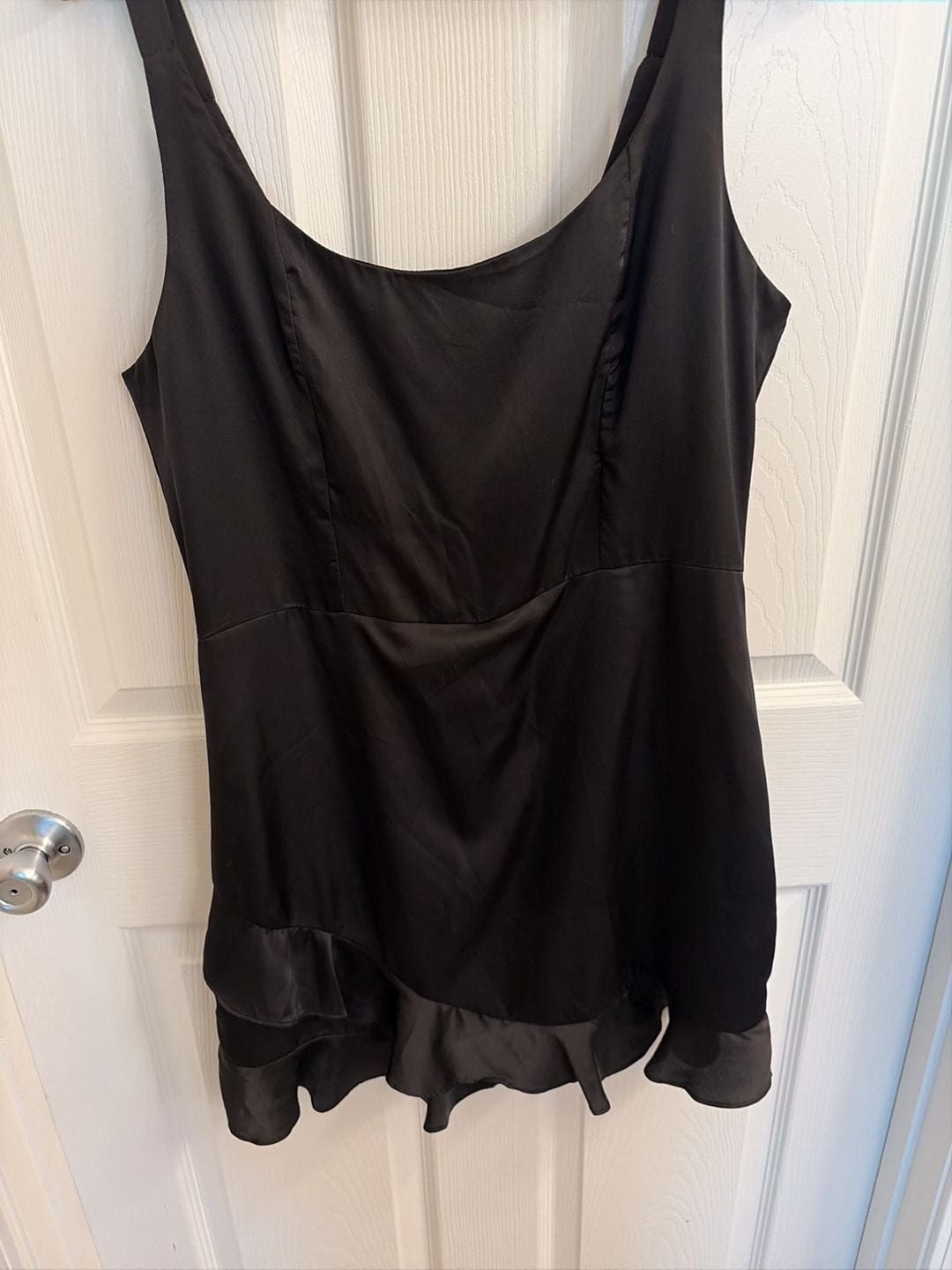 Le Lis Collection Black Satin Sleeveless Mini Dress with Ruffle Hem 3