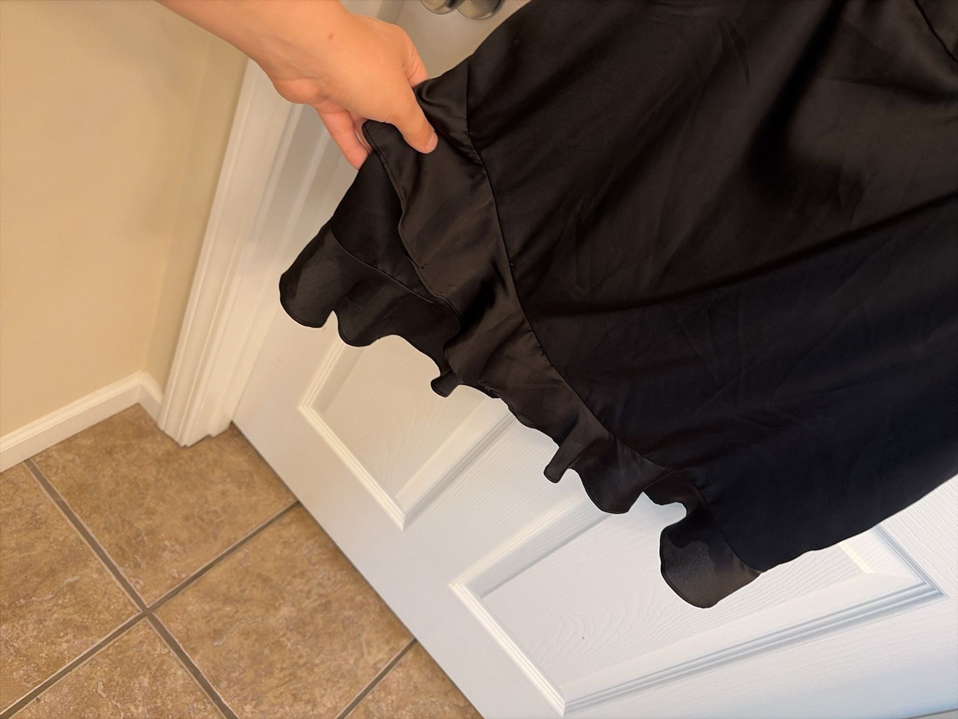 Le Lis Collection Black Satin Sleeveless Mini Dress with Ruffle Hem 6
