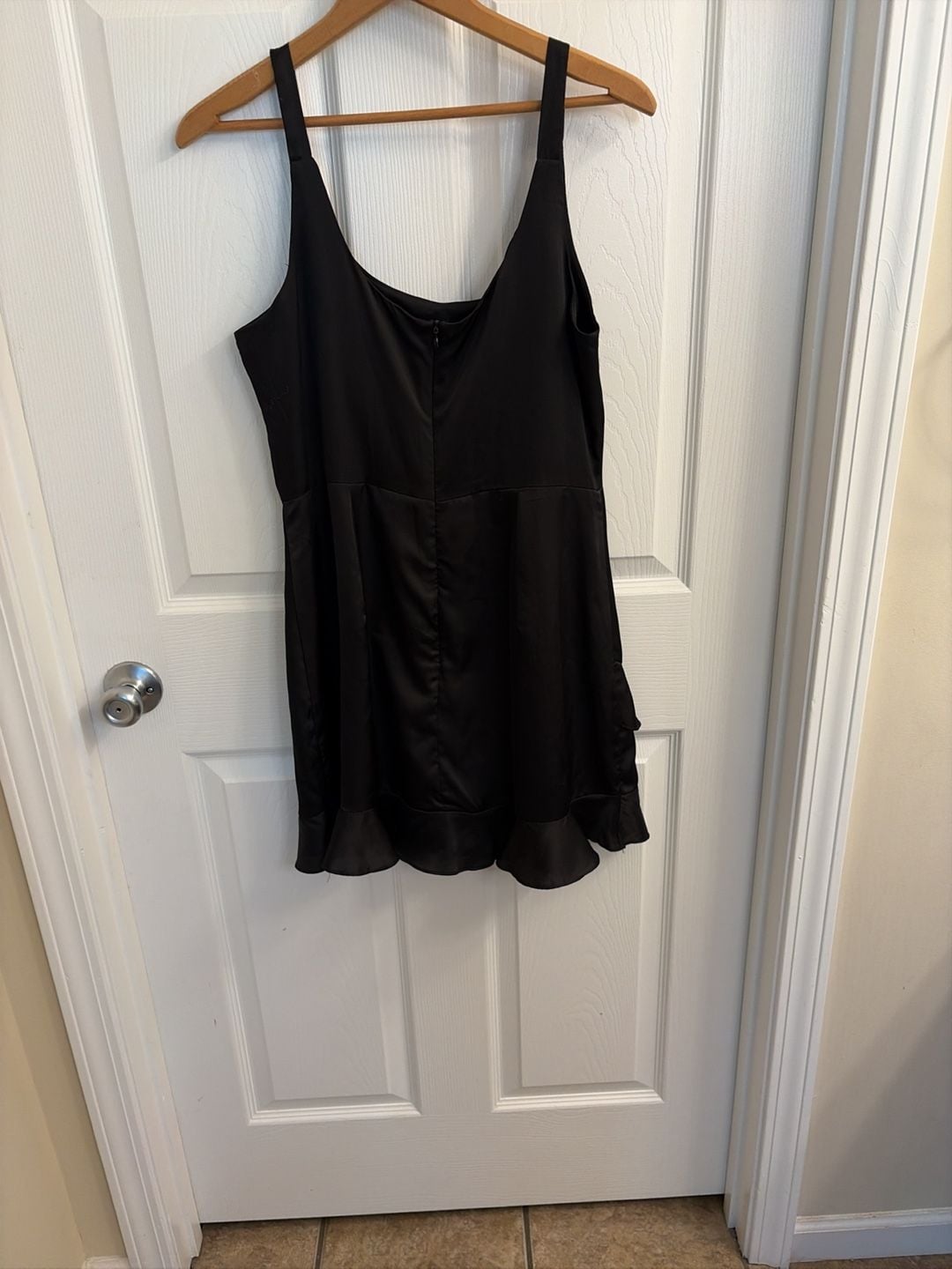 Le Lis Collection Black Satin Sleeveless Mini Dress with Ruffle Hem 7