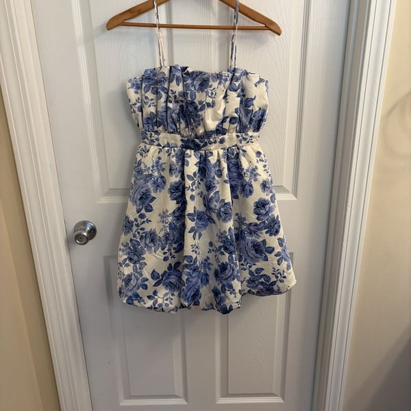Blue and White Floral Porcelain Print Bubble Hem Mini Dress