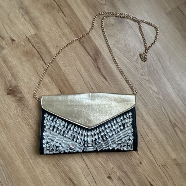 Torrid Black and Gold Envelope Clutch with Rhinestone Embellishments