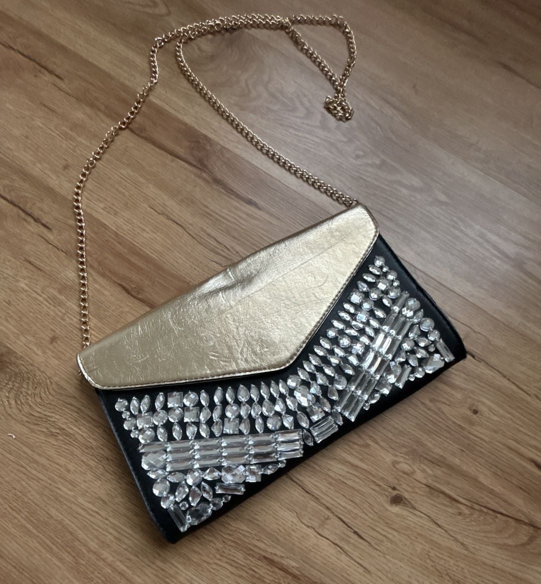 Torrid Black and Gold Envelope Clutch with Rhinestone Embellishments 3