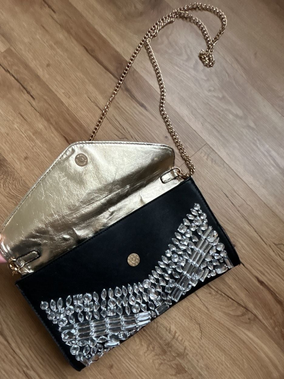 Torrid Black and Gold Envelope Clutch with Rhinestone Embellishments 4