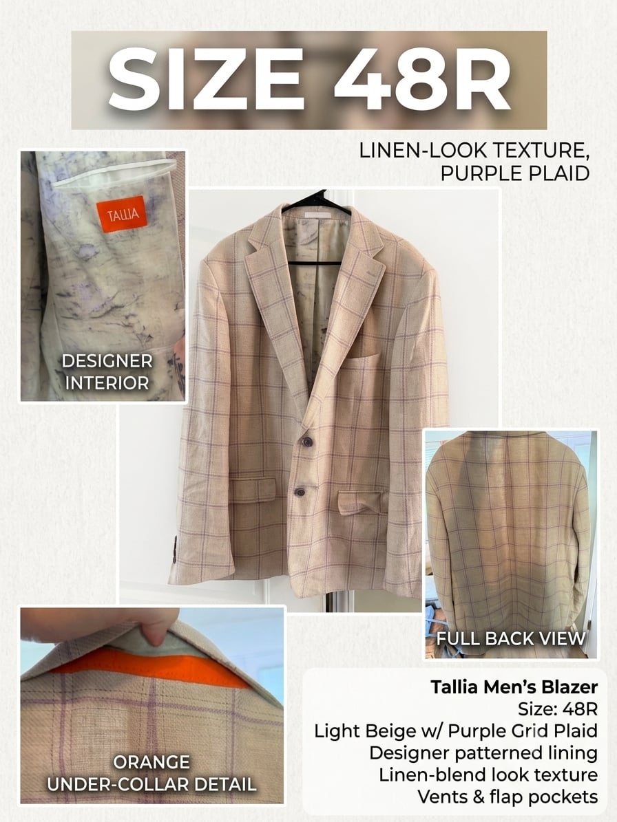 Tallia Men's Light Beige Windowpane Linen-Blend Blazer with Orange Under-Collar Detail, Size 48R 1
