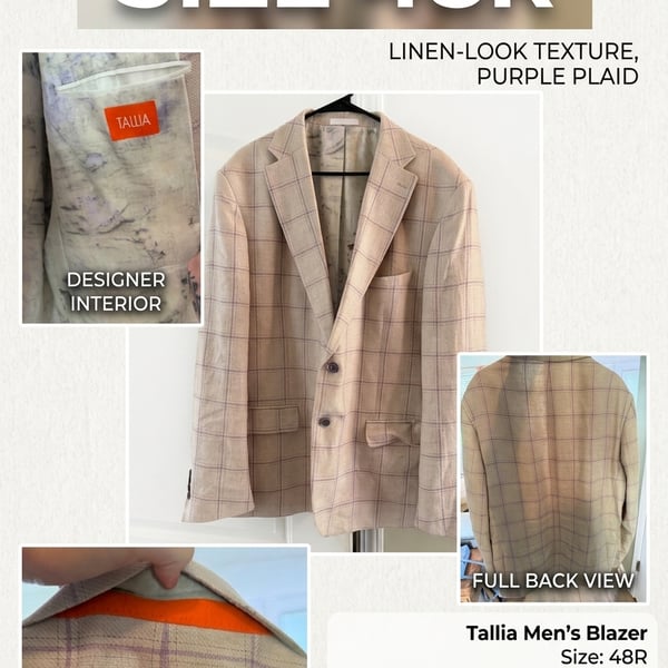 Tallia Men's Light Beige Windowpane Linen-Blend Blazer with Orange Under-Collar Detail, Size 48R