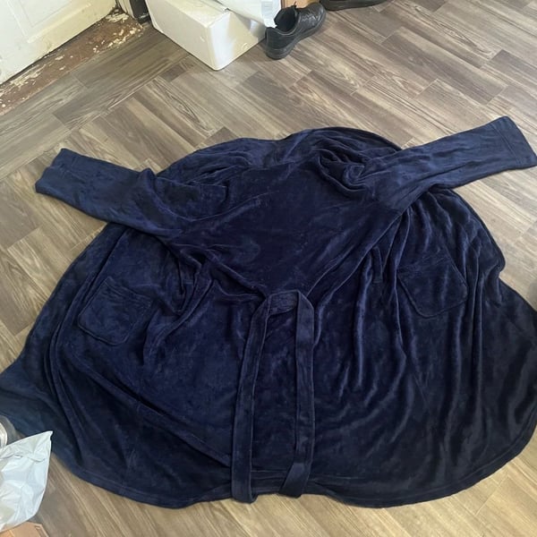 Unisex Navy Blue Plush Velour Bathrobe with Belt and Pockets