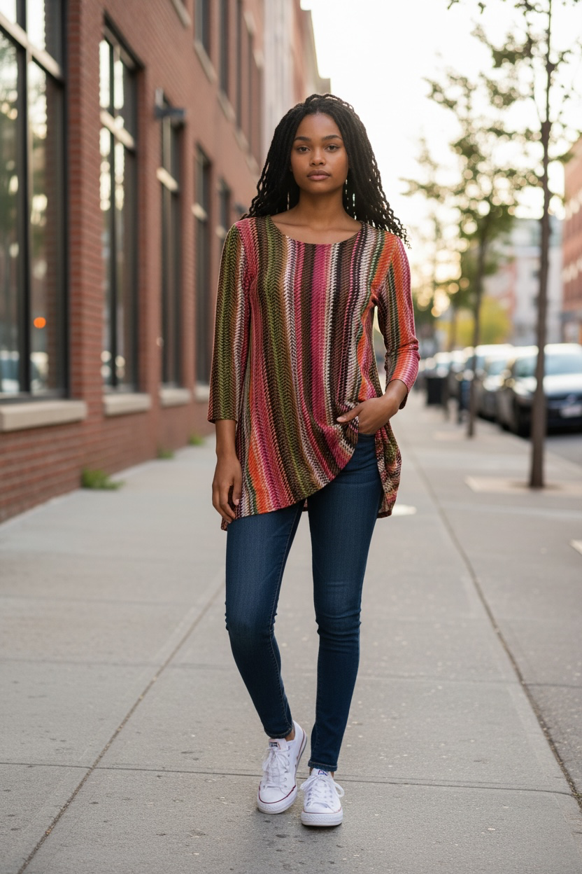 Travel Elements Women's Chevron Striped Knit 3/4 Sleeve Tunic Top Size M 2