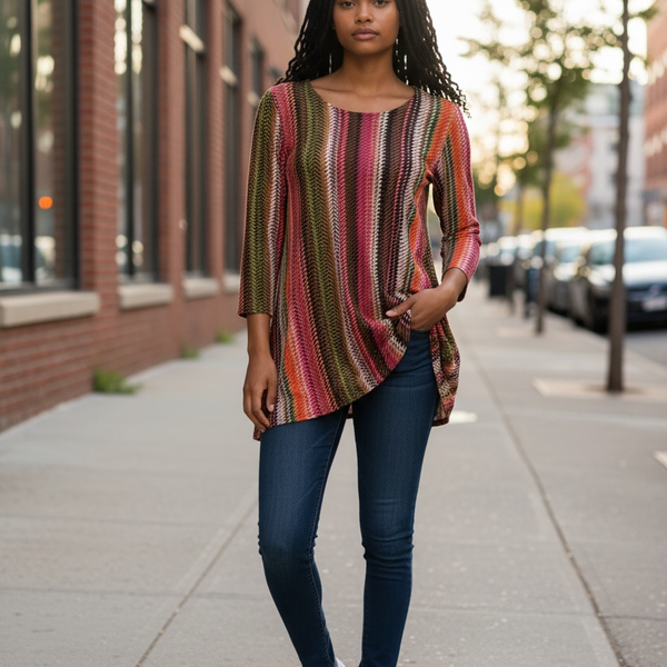 Travel Elements Women's Chevron Striped Knit 3/4 Sleeve Tunic Top Size M