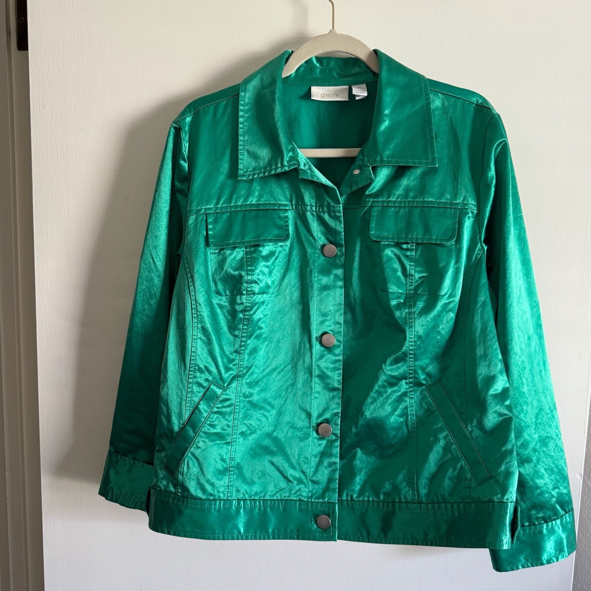 Chico's Women's Emerald Metallic Green Button-Front Utility Jacket Size 3 3