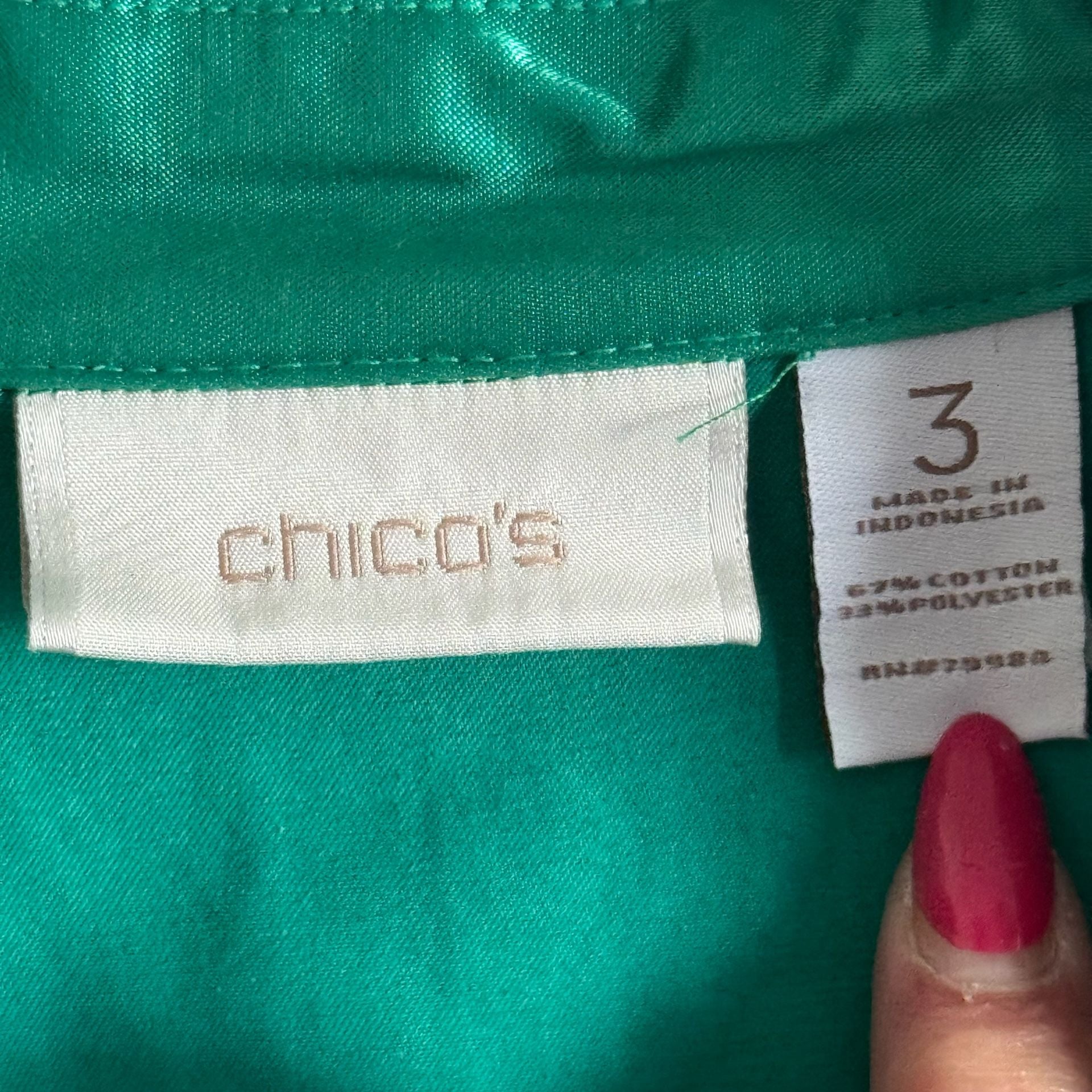 Chico's Women's Emerald Metallic Green Button-Front Utility Jacket Size 3 4