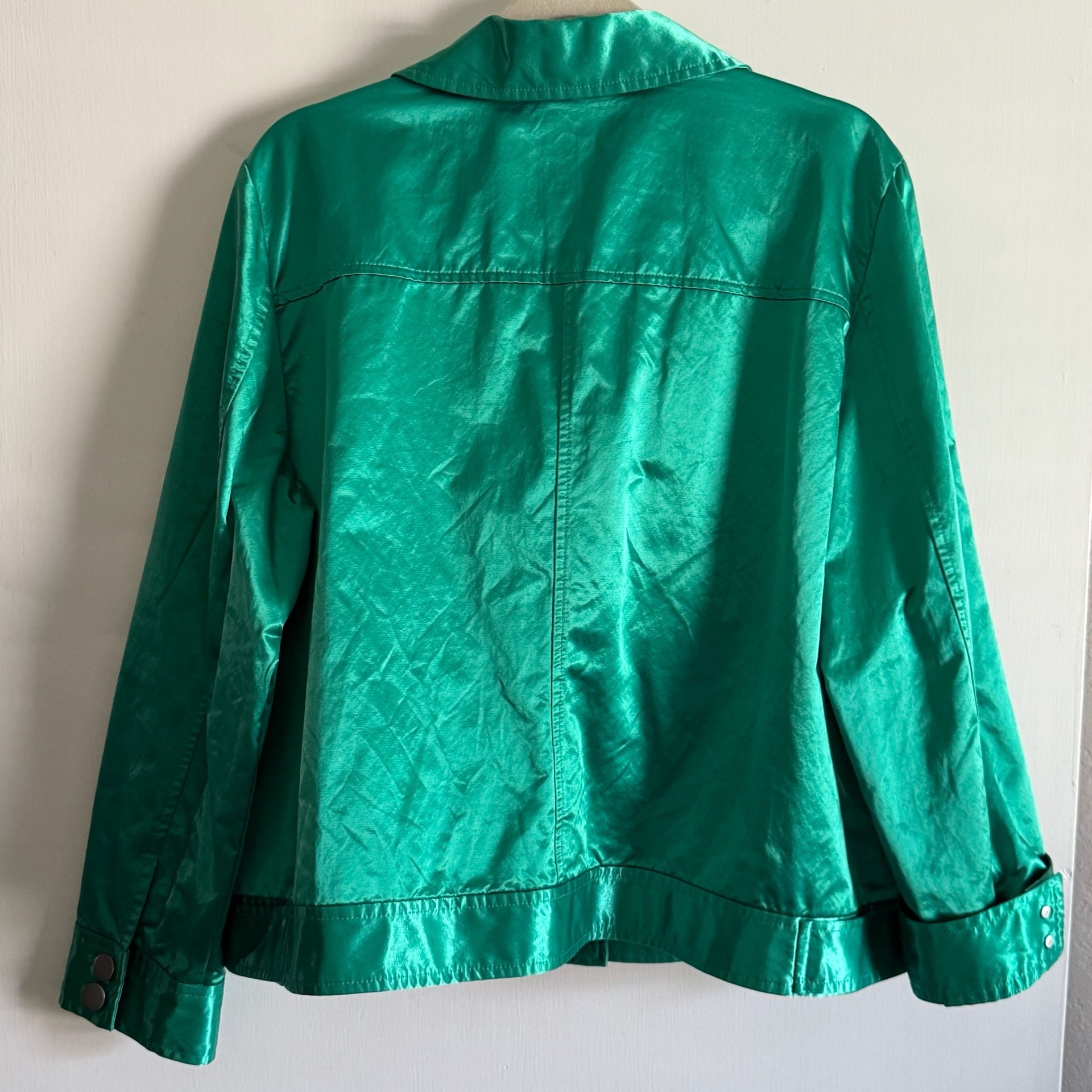 Chico's Women's Emerald Metallic Green Button-Front Utility Jacket Size 3 6