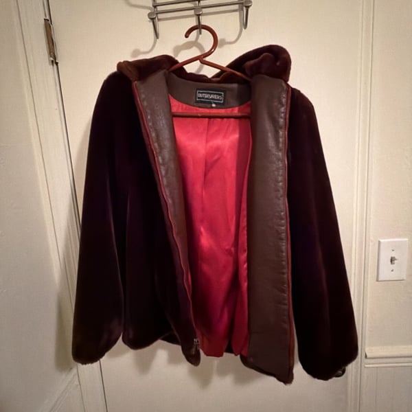 Vintage Outerlayers Burgundy Faux Fur Hooded Zip-Up Jacket