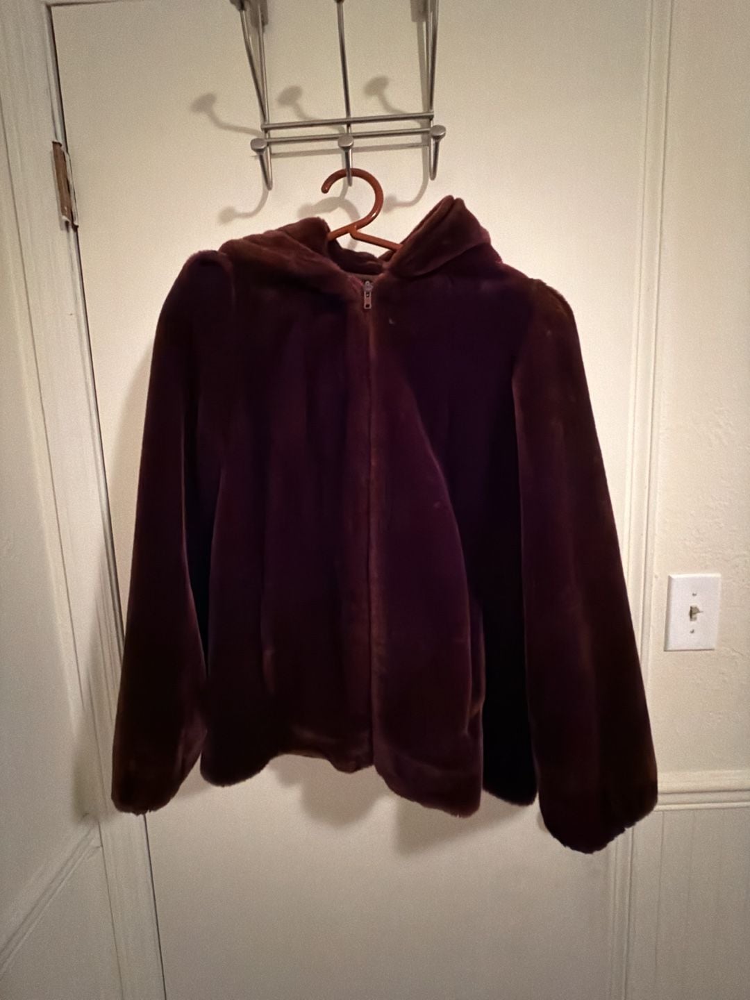 Vintage Outerlayers Burgundy Faux Fur Hooded Zip-Up Jacket 5