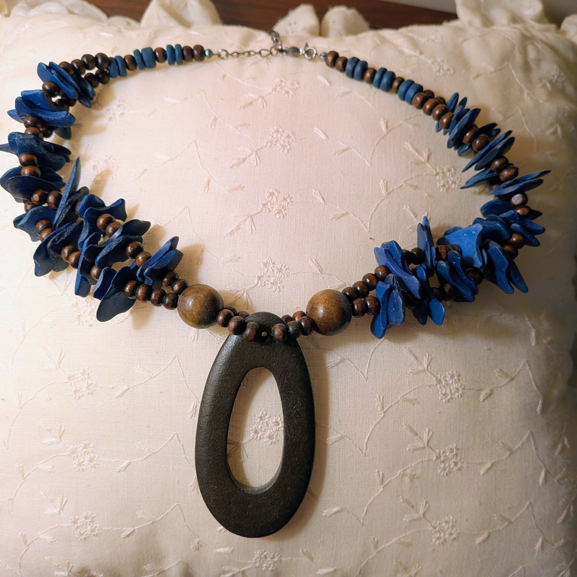Chico's Statement Necklace with Blue Wood Chips and Oval Pendant 1