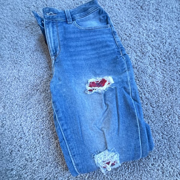 Women's High-Rise Distressed Jeans with Plaid Patchwork