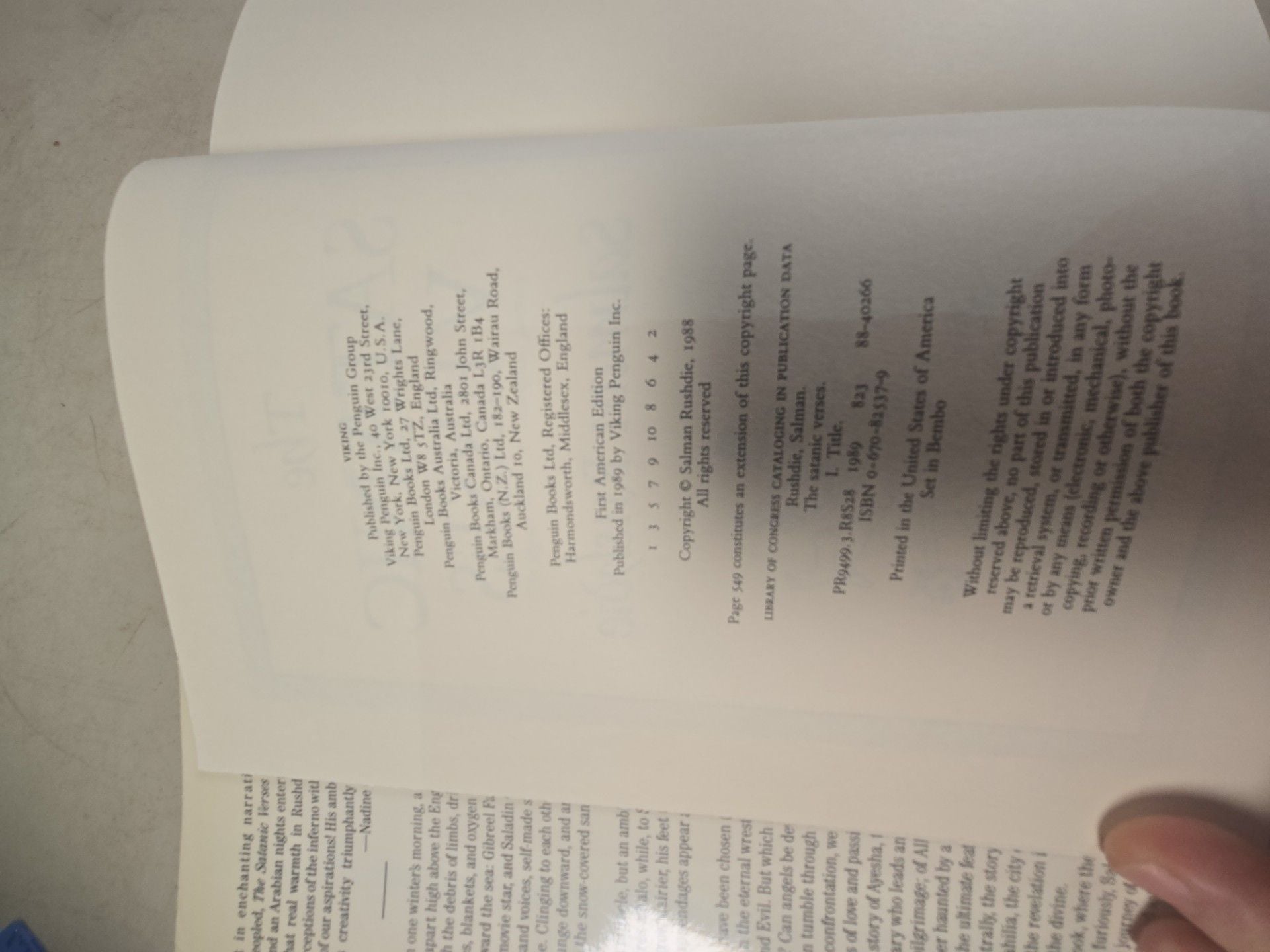 The Satanic Verses by Salman Rushdie 1989, American 1st Ed. HB, DJ 3