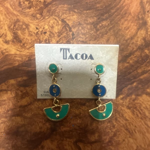 Tacoa Vintage Geometric Dangle Earrings with Blue and Green Enamel Accents