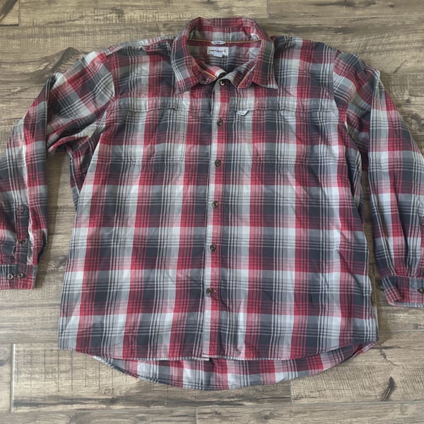 Carhartt Men’s 3XL Relaxed Fit Plaid Long Sleeve Button-Up Work Shirt Red Gray #Vintage #Carhartt
