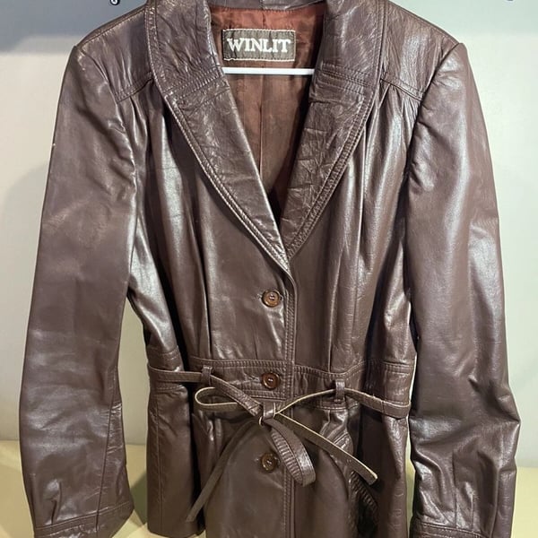 Vintage Winlit Chocolate Brown Genuine Leather Belted Jacket