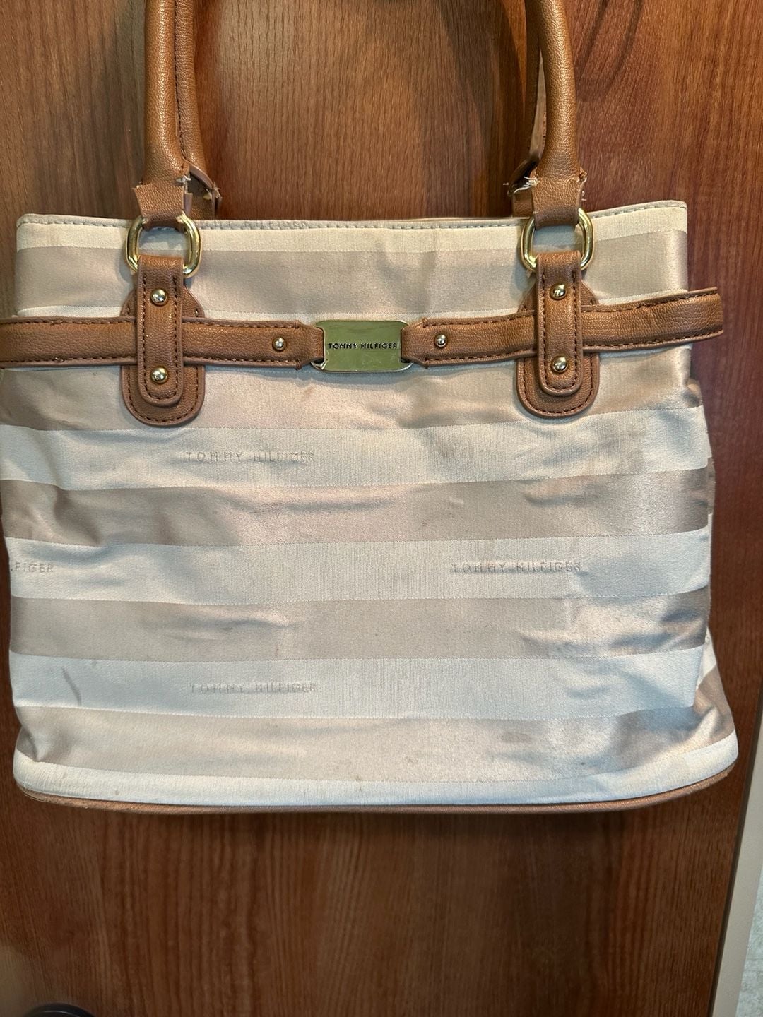 Tommy Hilfiger Beige and Brown Striped Fabric Tote Bag with Gold Tone Hardware 2