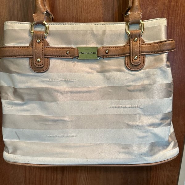 Tommy Hilfiger Beige and Brown Striped Fabric Tote Bag with Gold Tone Hardware