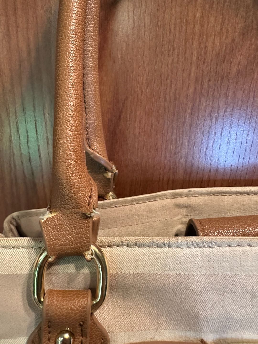 Tommy Hilfiger Beige and Brown Striped Fabric Tote Bag with Gold Tone Hardware 3
